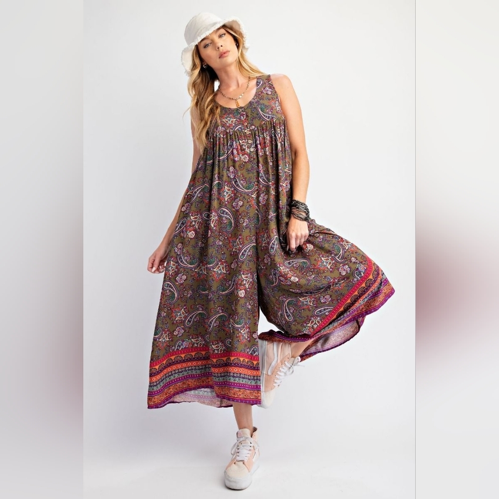 A5-0309 *Boutique* Wide Leg Floral Olive Colorful Flowy Jumpsuit By Easel